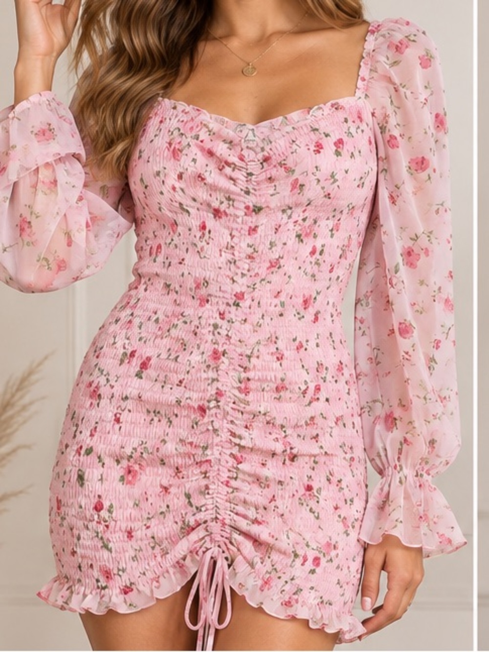 Princess Polly Pink Floral Smocked Mini Dress with Sheer Puff Sleeves